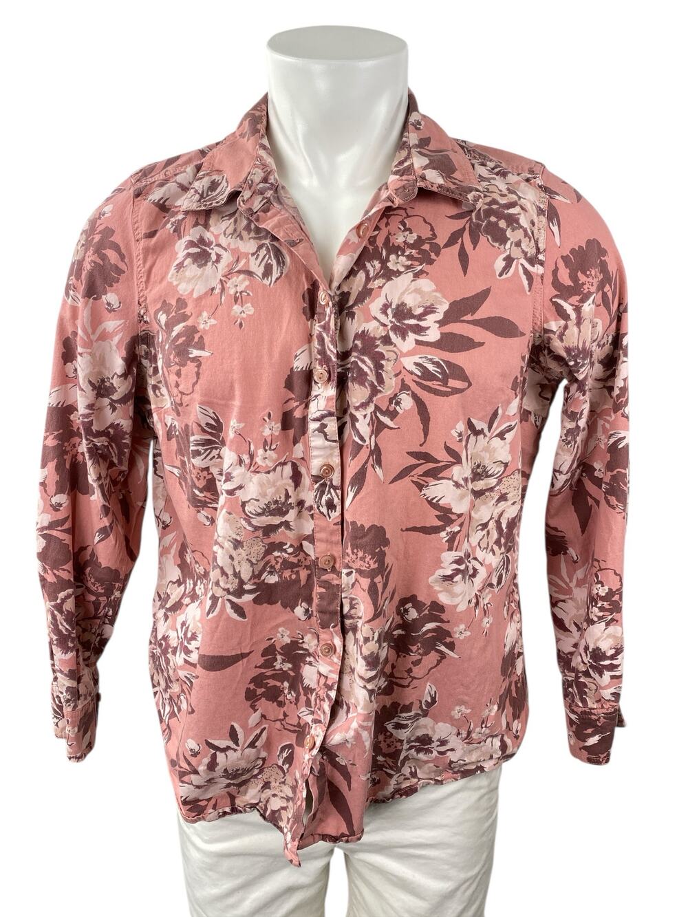 Denim + Company Women's Pink Floral Collared Long Sleeve Button Down Shirt Sz XL